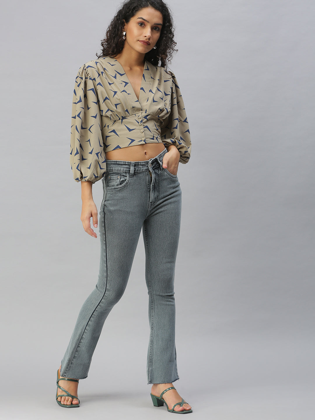 Women's Beige Print Crepe Wrap Crop Top