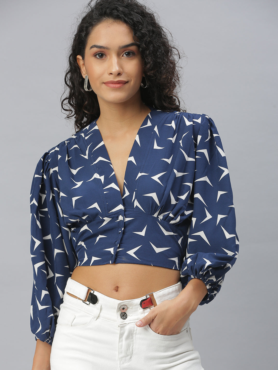 Women's Navy Blue Geometric Print Puff Sleeves Crop Top
