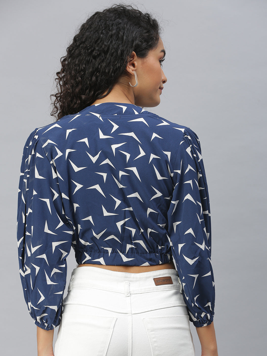 Women's Navy Blue Geometric Print Puff Sleeves Crop Top