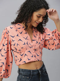 Women's Peach Printed V-Neck Crepe Crop Top