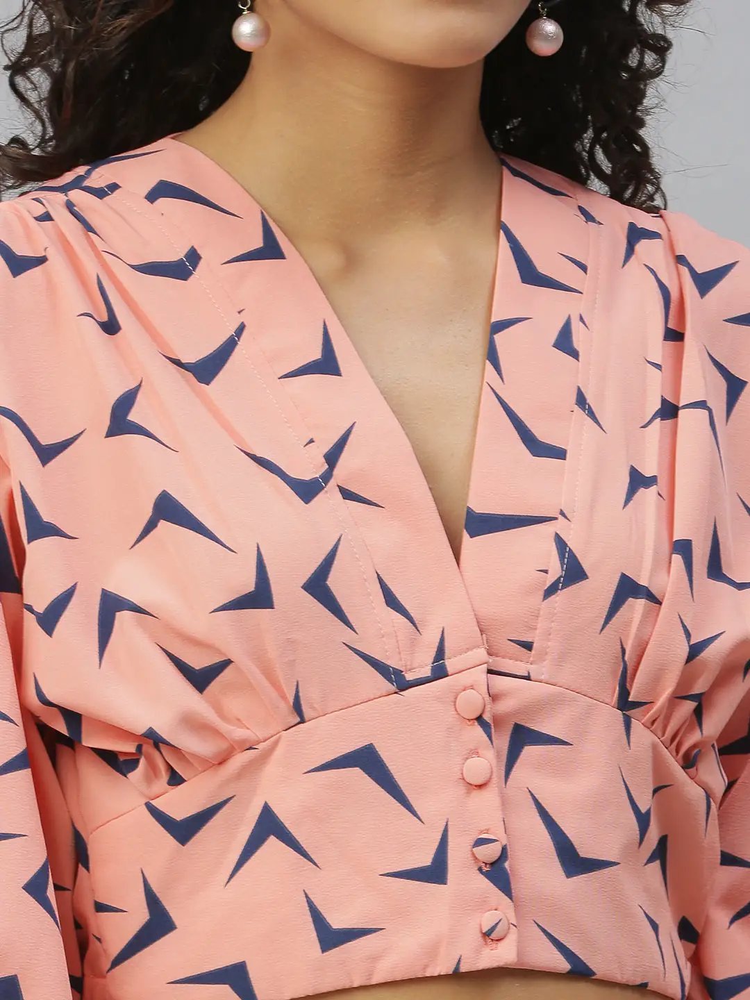Women's Peach Printed V-Neck Crepe Crop Top