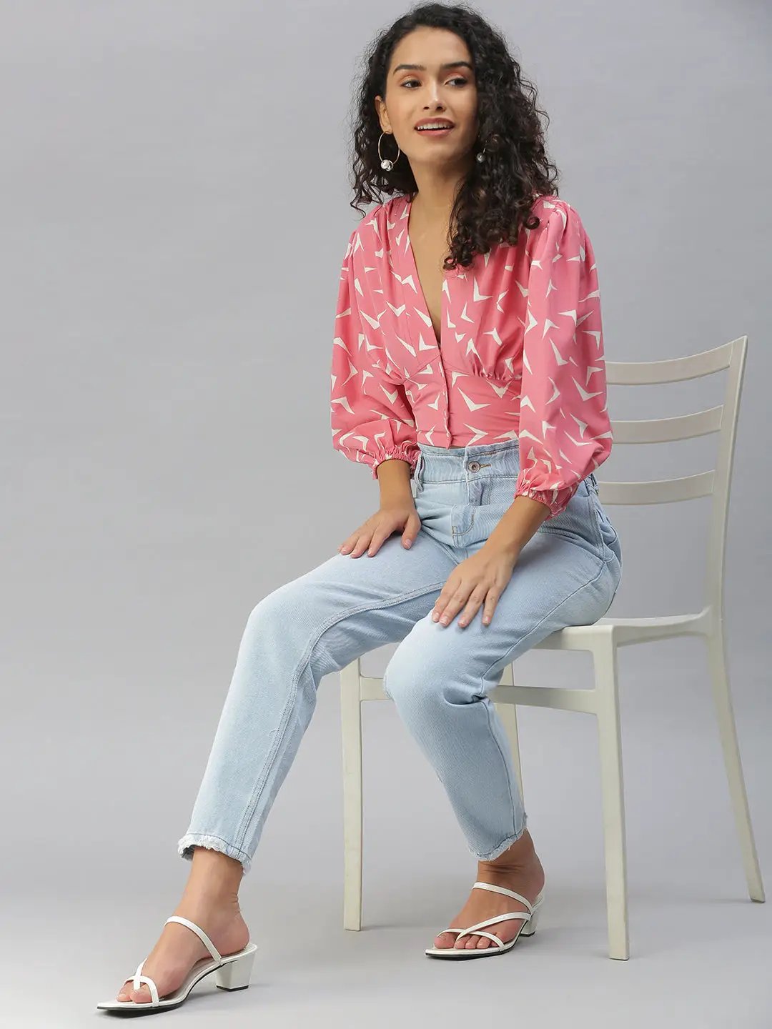 Women's Pink Geometric Print Crepe Shirt Style Crop Top