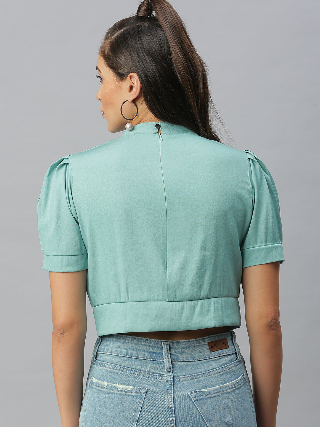 Women's Sea Green Styled Back Crop Top
