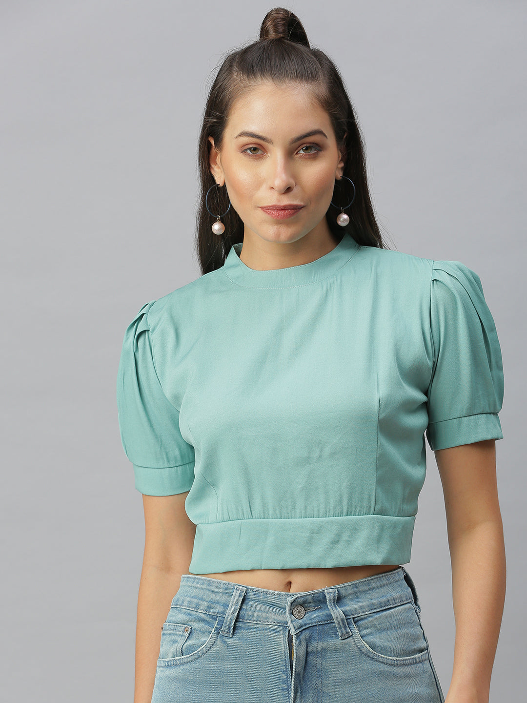 Women's Sea Green Styled Back Crop Top