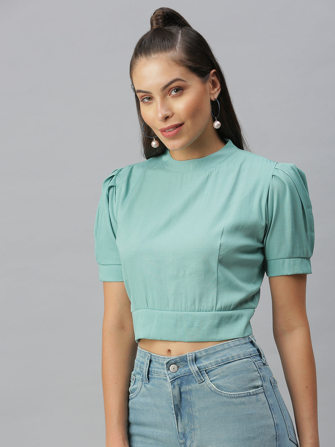Women's Sea Green Styled Back Crop Top