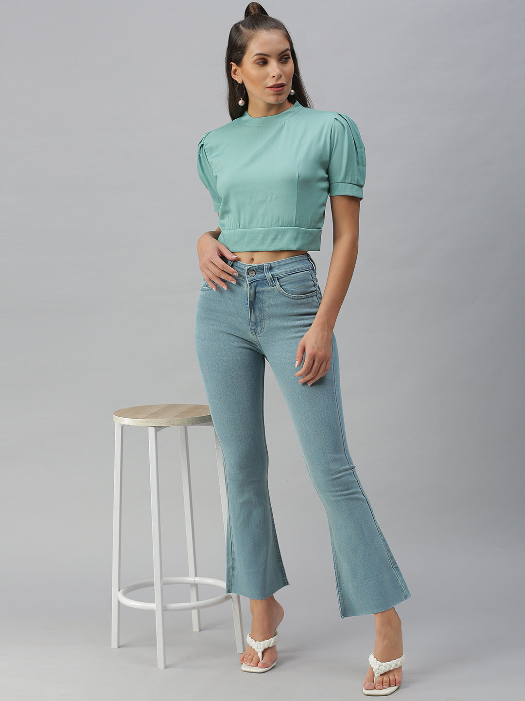 Women's Sea Green Styled Back Crop Top