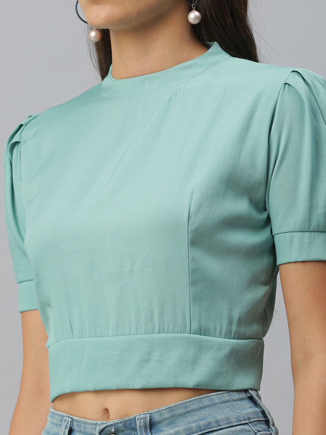 Women's Sea Green Styled Back Crop Top