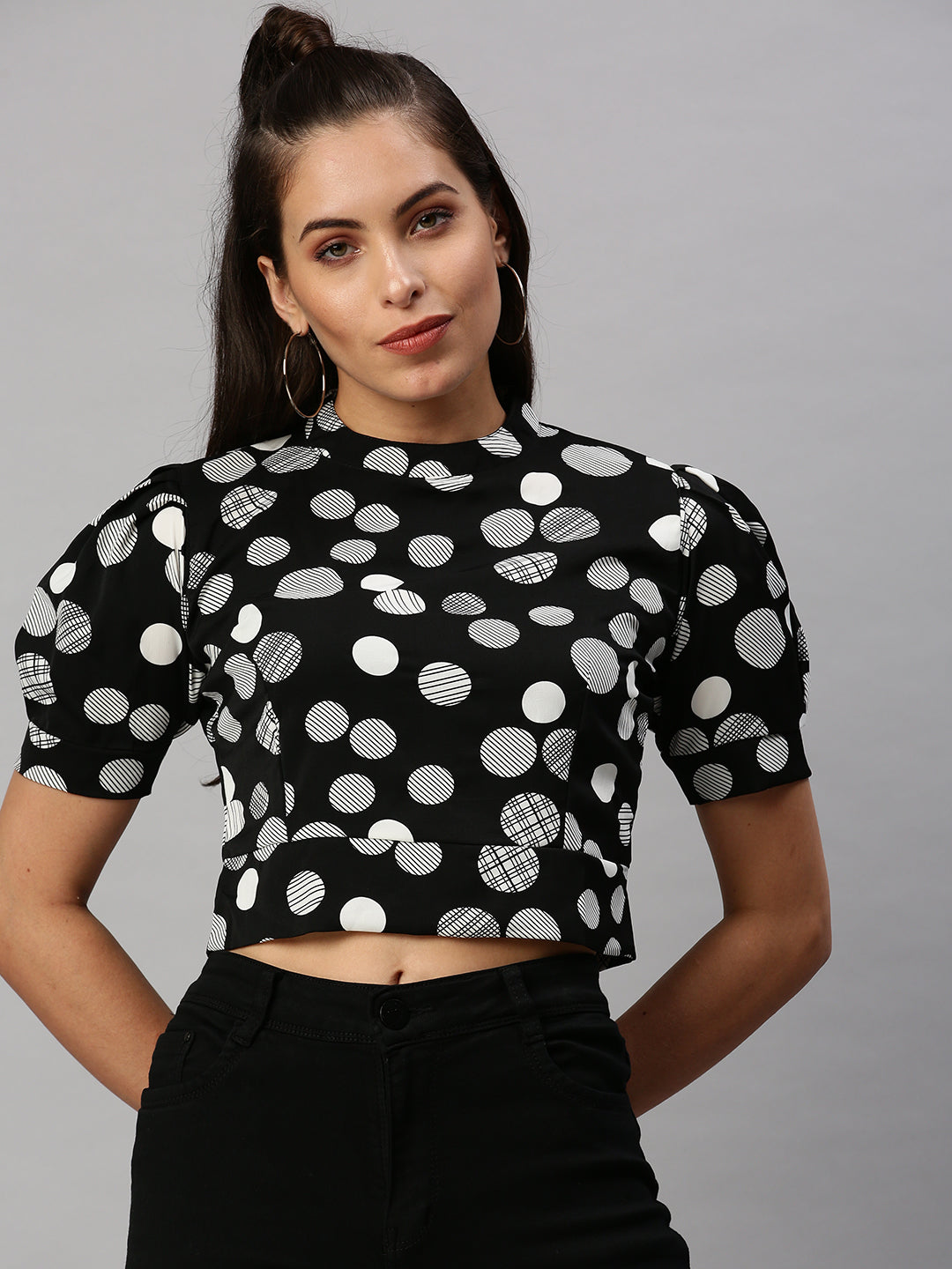 Women's Black Print Crepe Crop Top