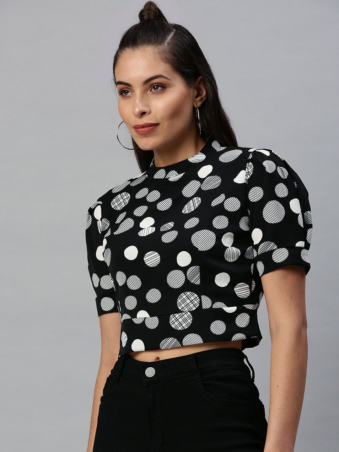 Women's Black Print Crepe Crop Top