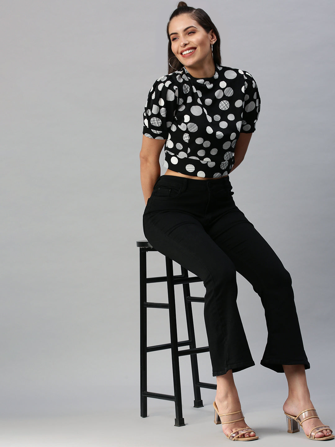 Women's Black Print Crepe Crop Top