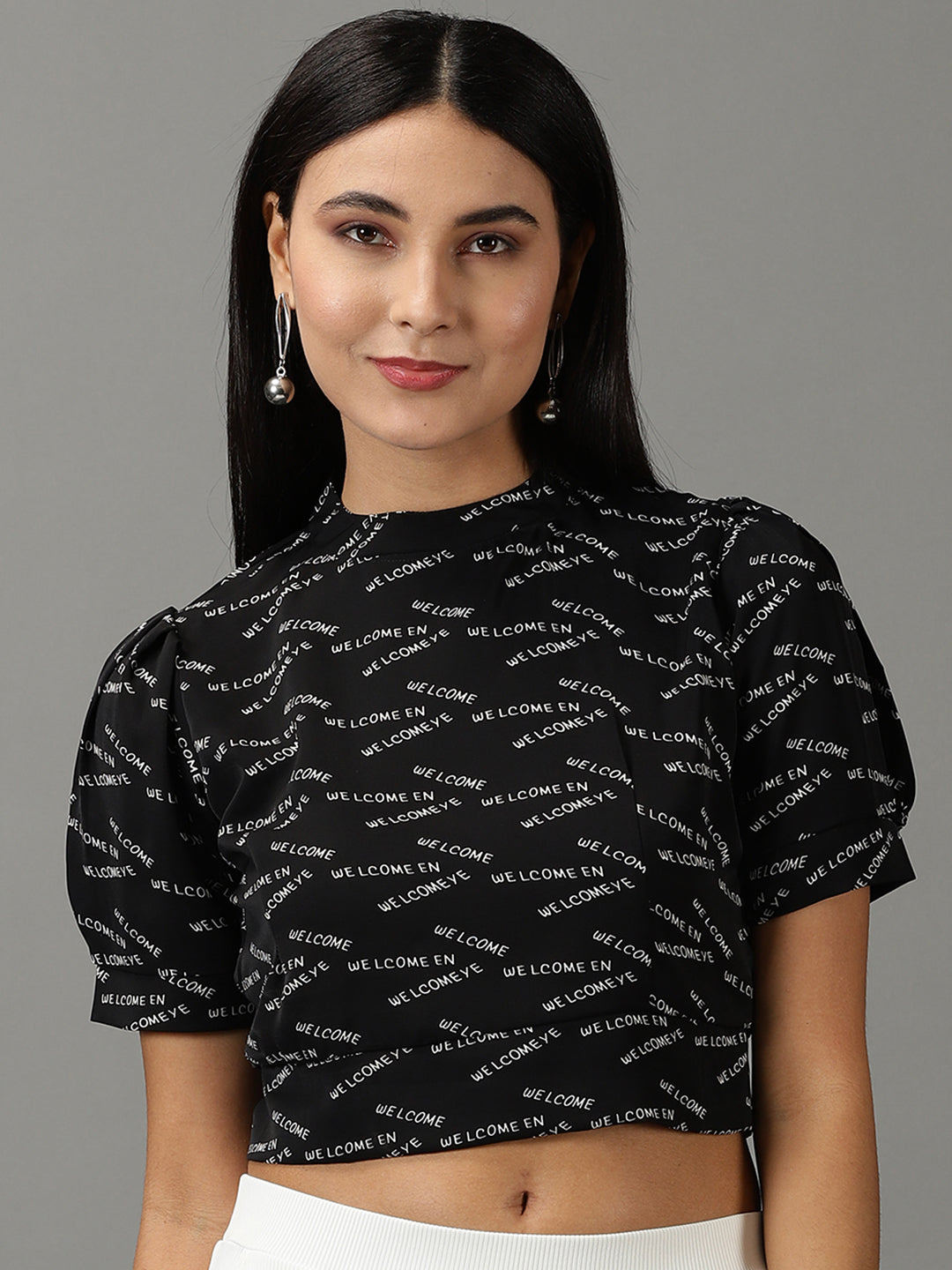 Women's Black Printed Blouson Crop Top