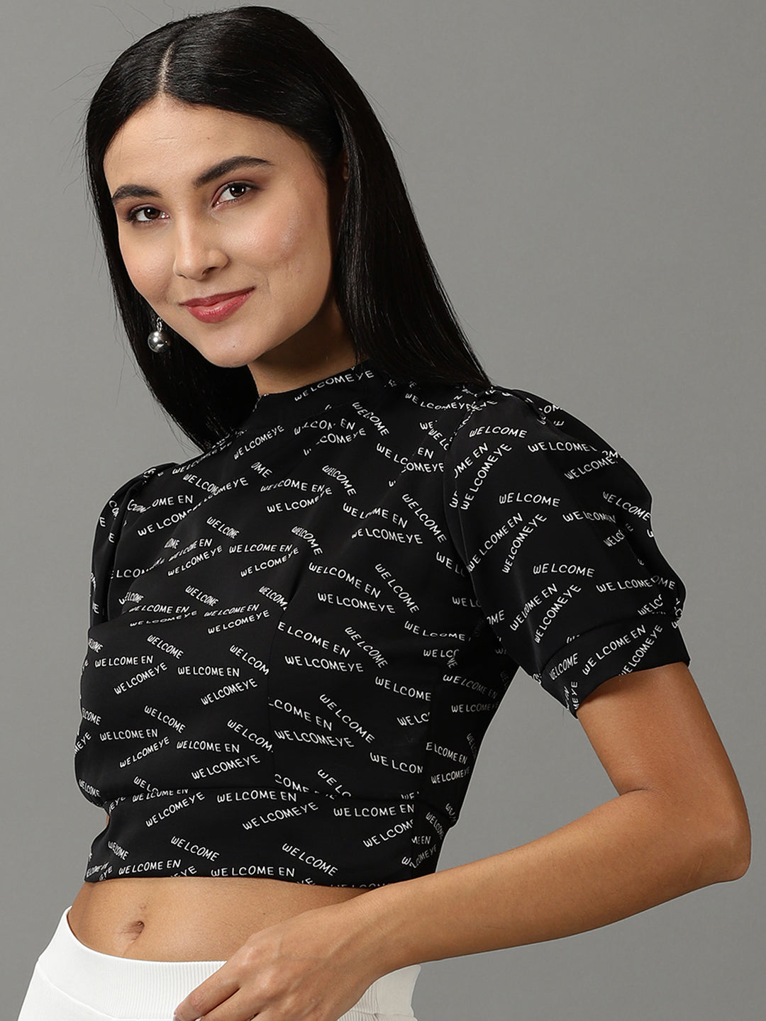 Women's Black Printed Blouson Crop Top