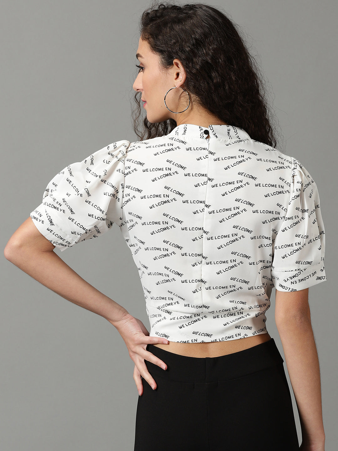 Women's White Printed Blouson Crop Top