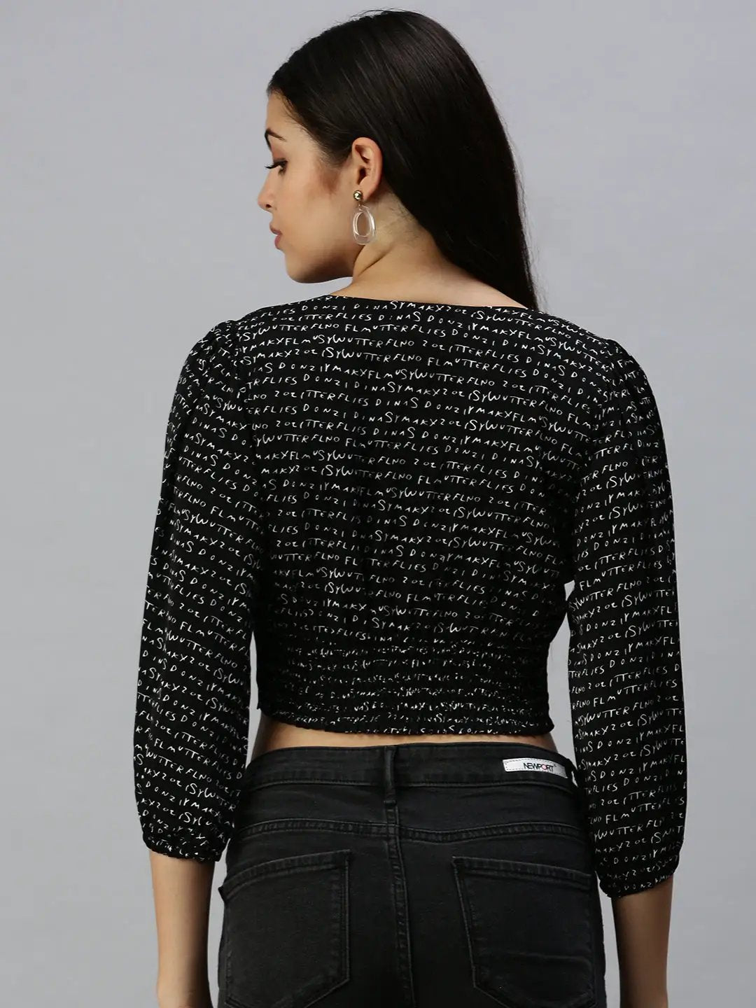 Women's Black Print Crepe Bardot Crop Top