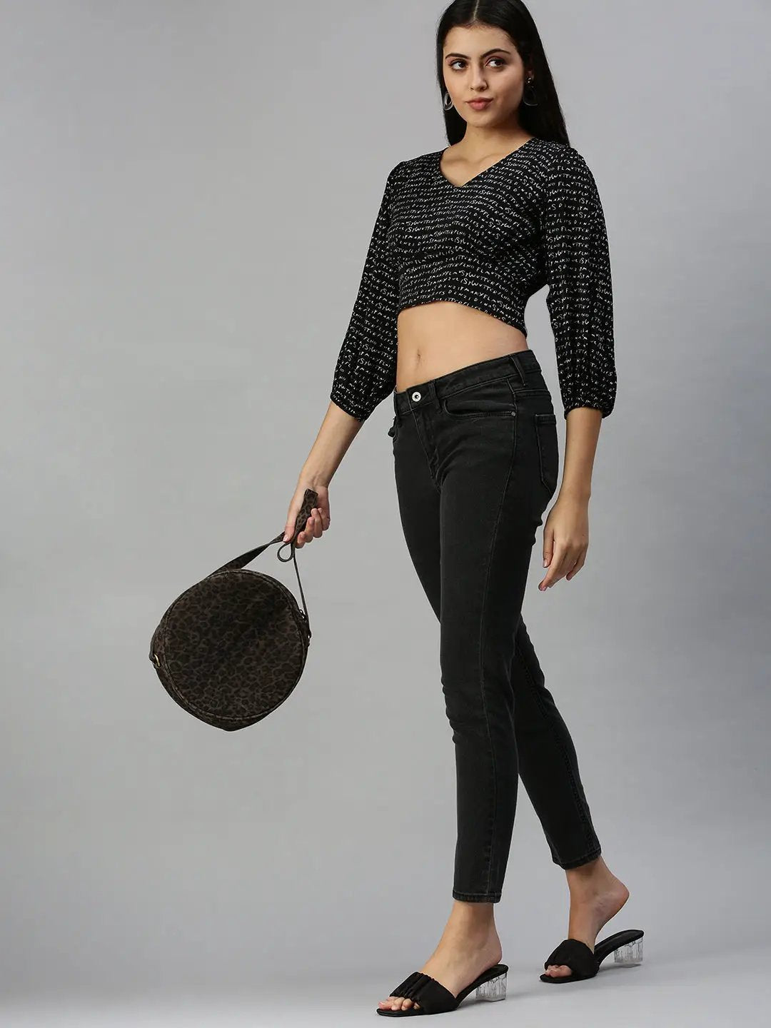 Women's Black Print Crepe Bardot Crop Top