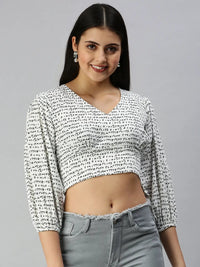Women's White Geometric Print Crepe Crop Top