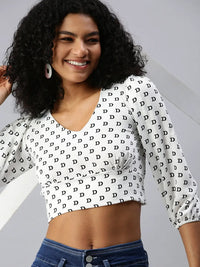 Women's White Print Crepe Bardot Crop Top