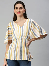 Women's Orange Striped Cinched Waist Top