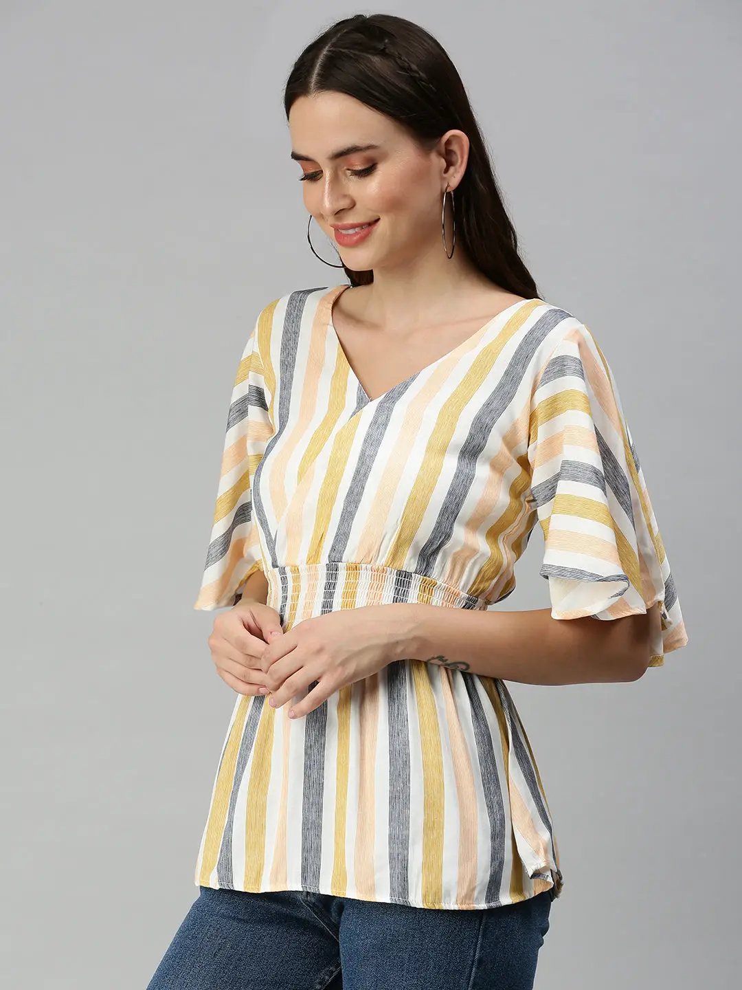 Women's Orange Striped Cinched Waist Top