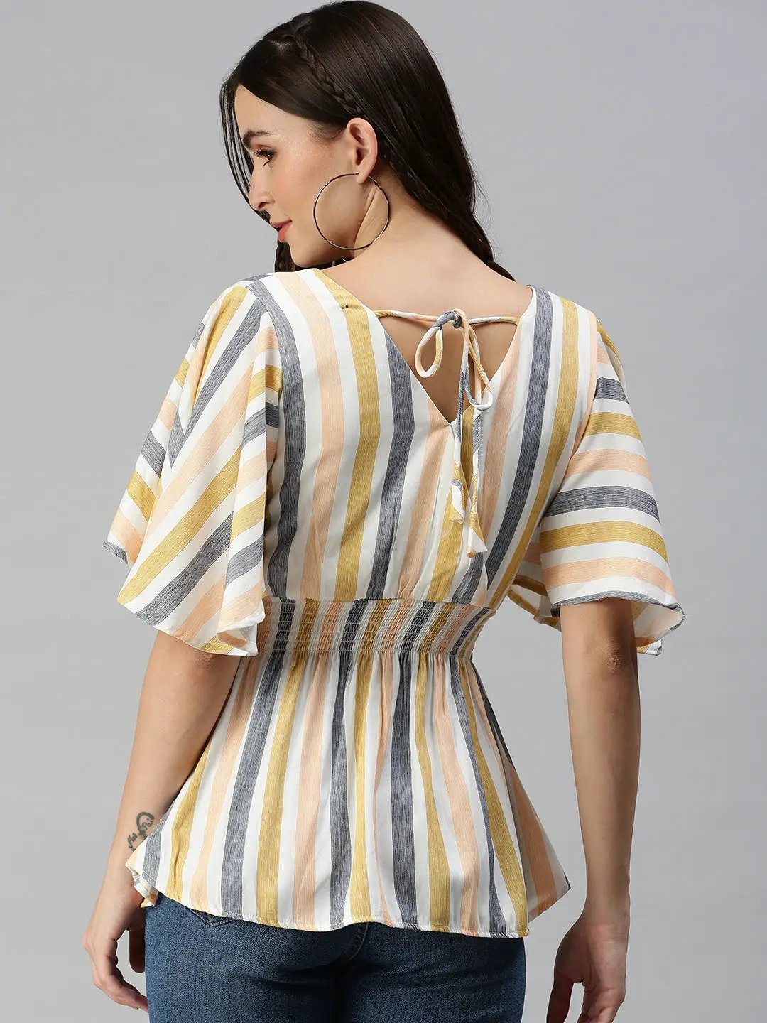 Women's Orange Striped Cinched Waist Top