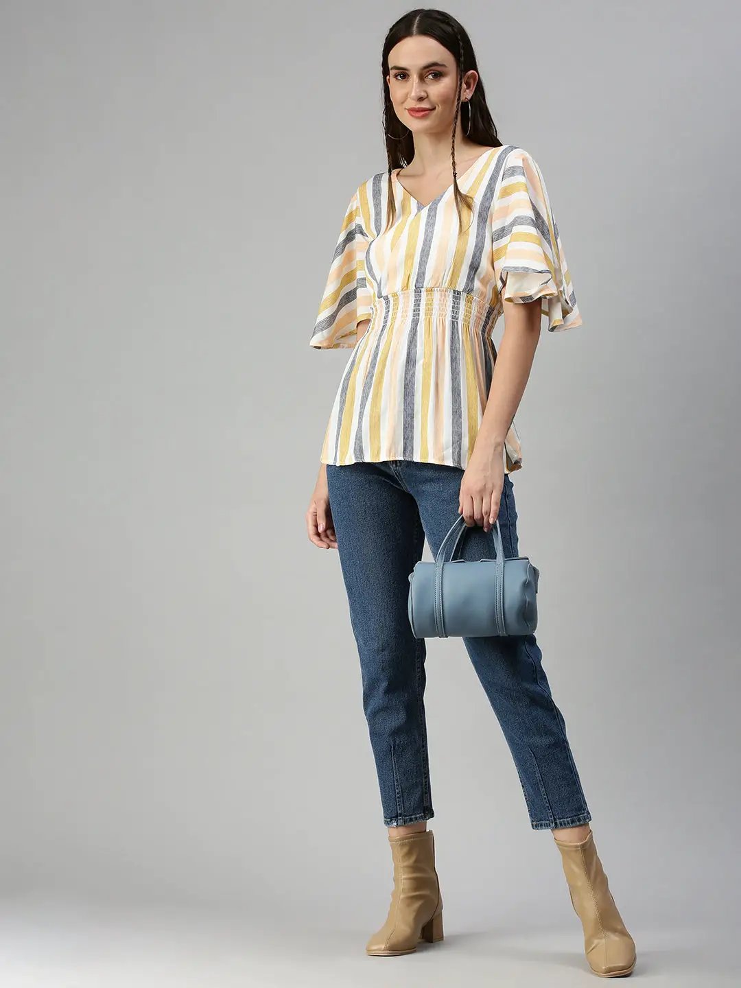 Women's Orange Striped Cinched Waist Top
