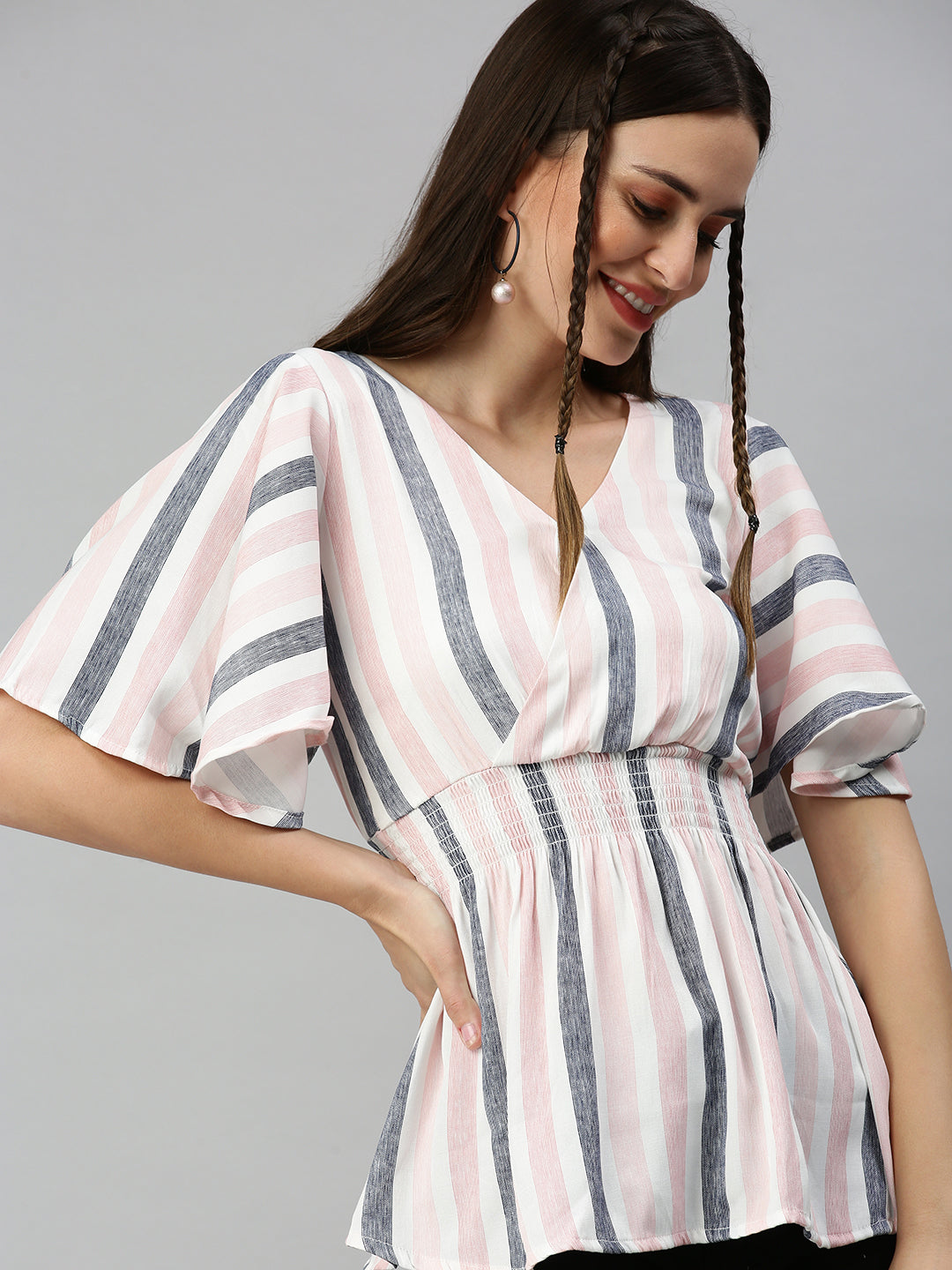 Women's Pink Striped Cinched Waist Top