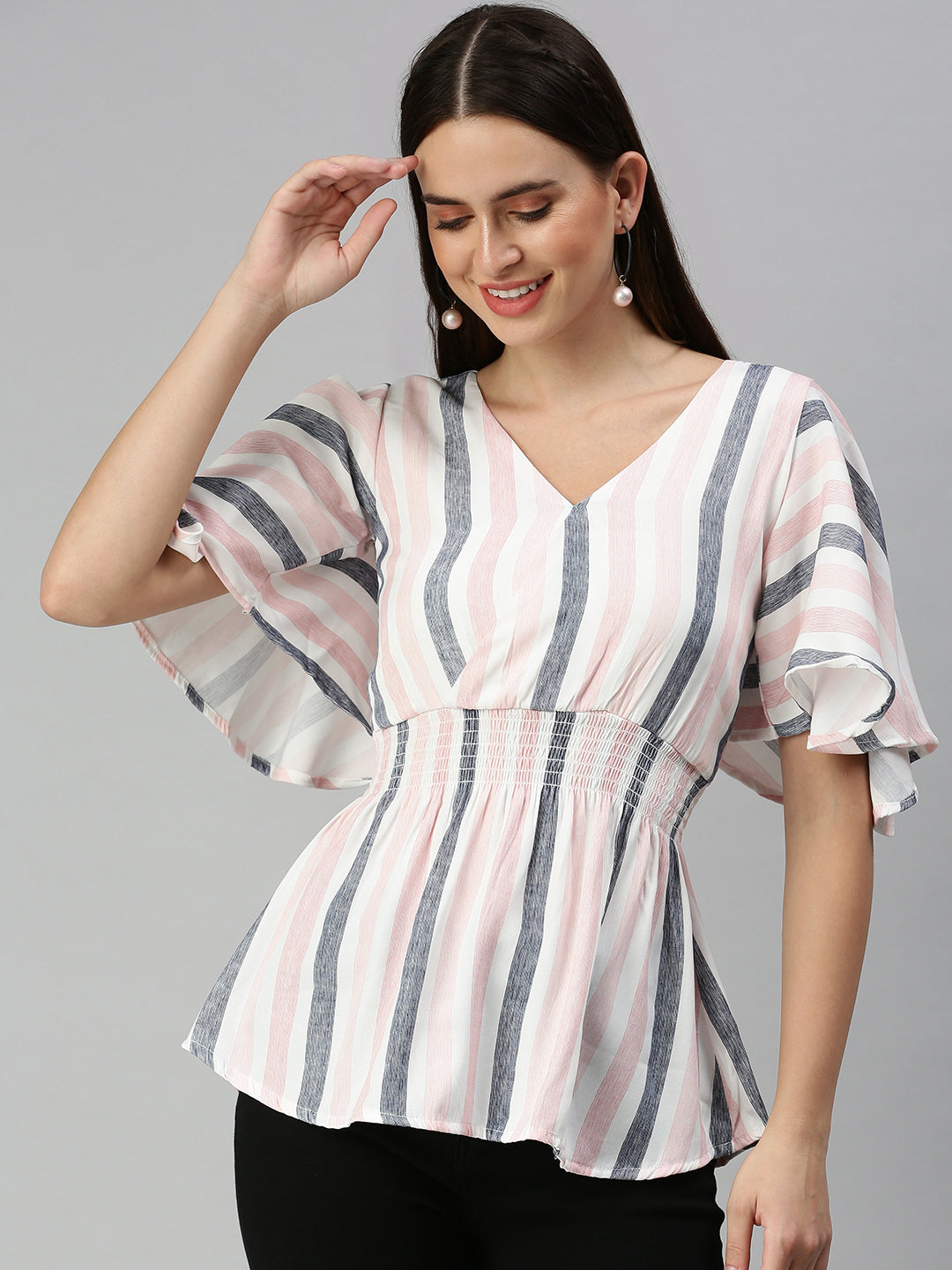 Women's Pink Striped Cinched Waist Top