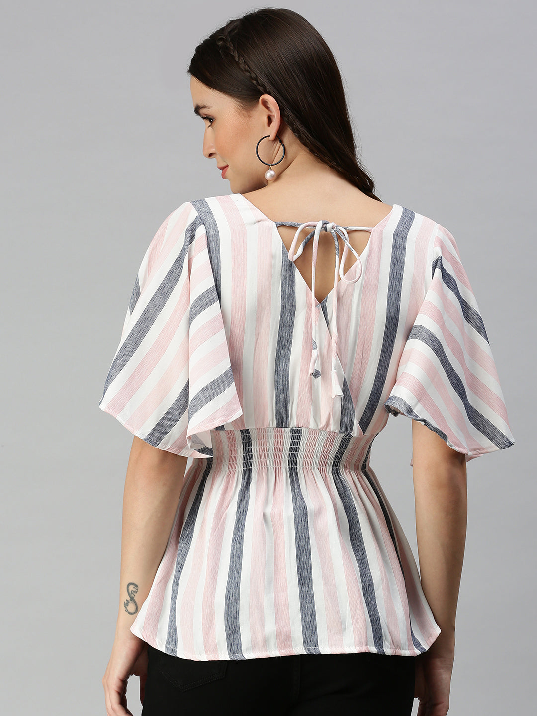 Women's Pink Striped Cinched Waist Top