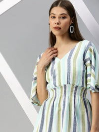 Women's Sea Green Striped Cinched Waist Top