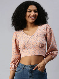 Women's Peach Floral Print Crepe Crop Top