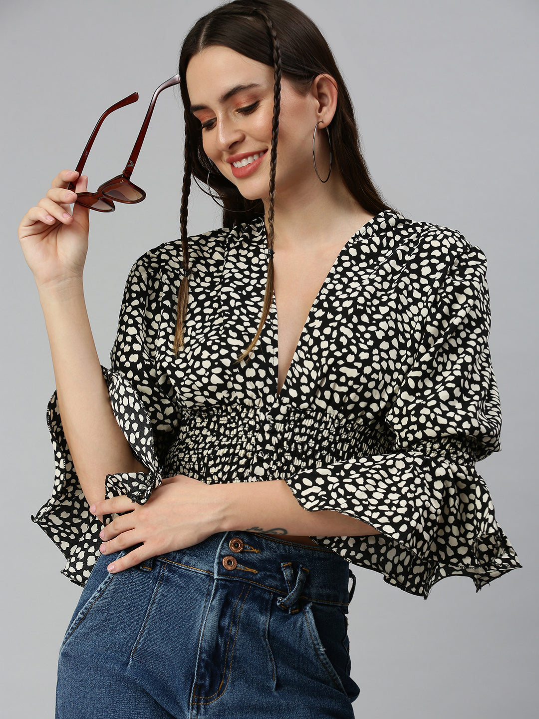 Women's Black Animal Print Crepe Blouson Crop Top