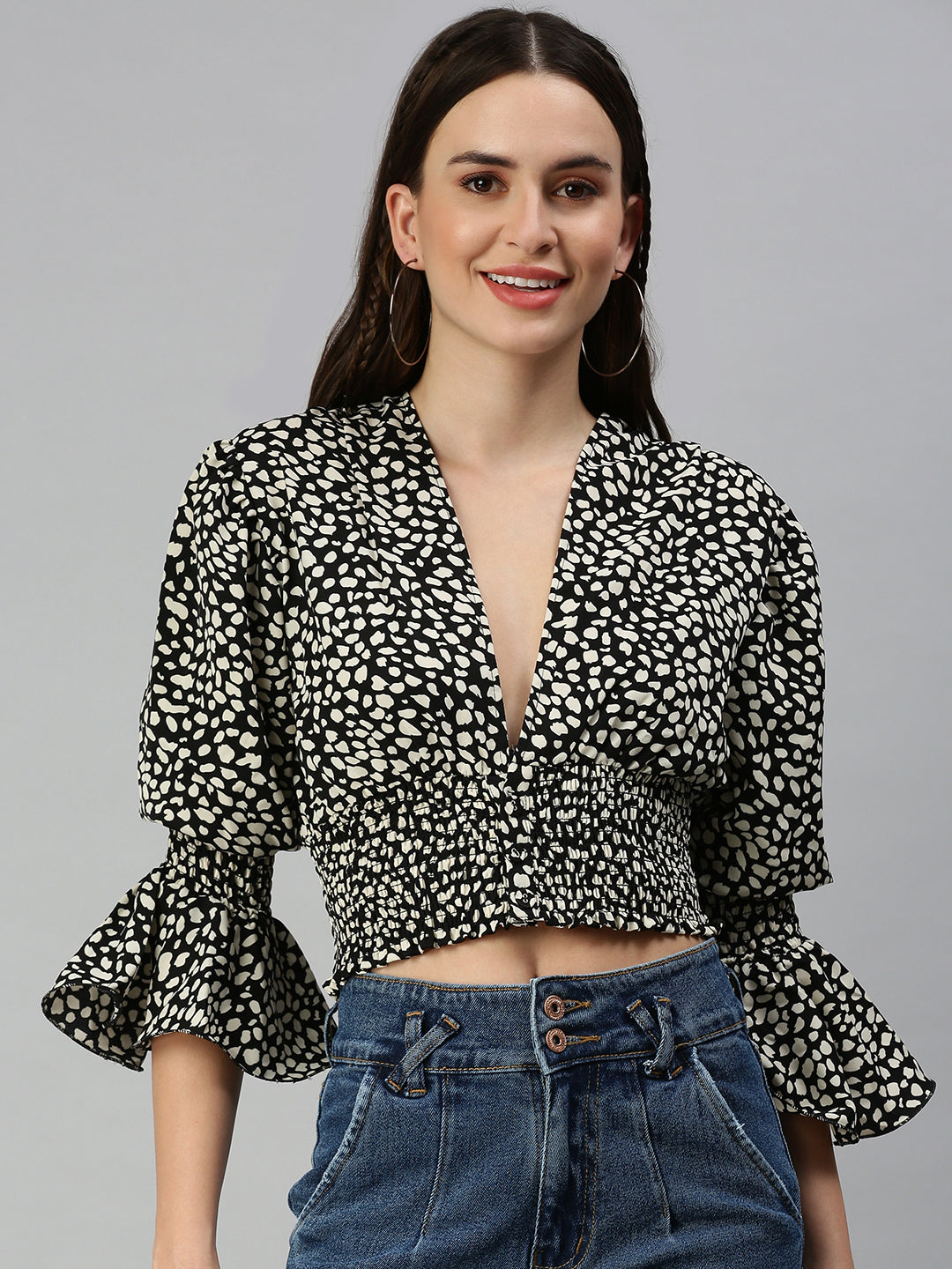 Women's Black Animal Print Crepe Blouson Crop Top