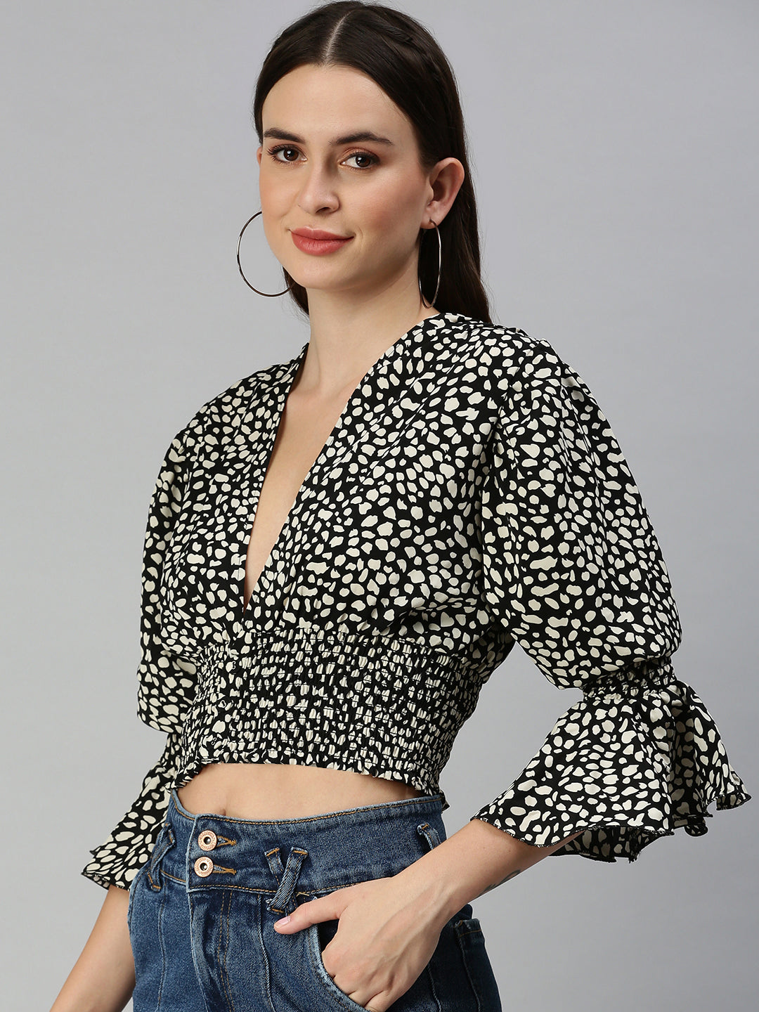 Women's Black Animal Print Crepe Blouson Crop Top
