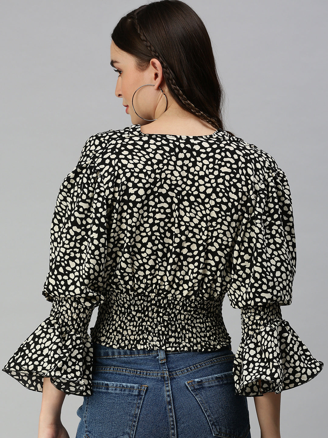 Women's Black Animal Print Crepe Blouson Crop Top