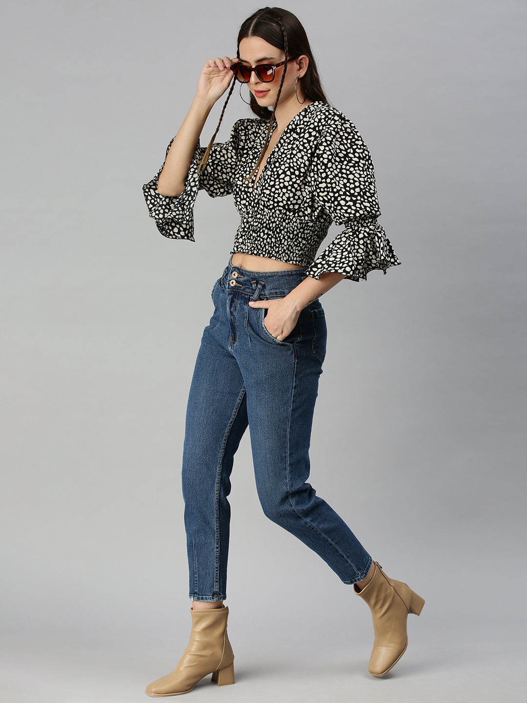 Women's Black Animal Print Crepe Blouson Crop Top