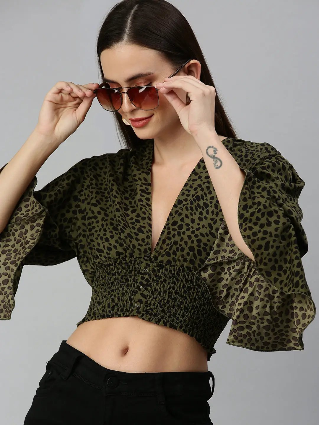 Women's Olive Animal Print Crepe Blouson Crop Top