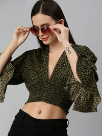 Women's Olive Animal Print Crepe Blouson Crop Top