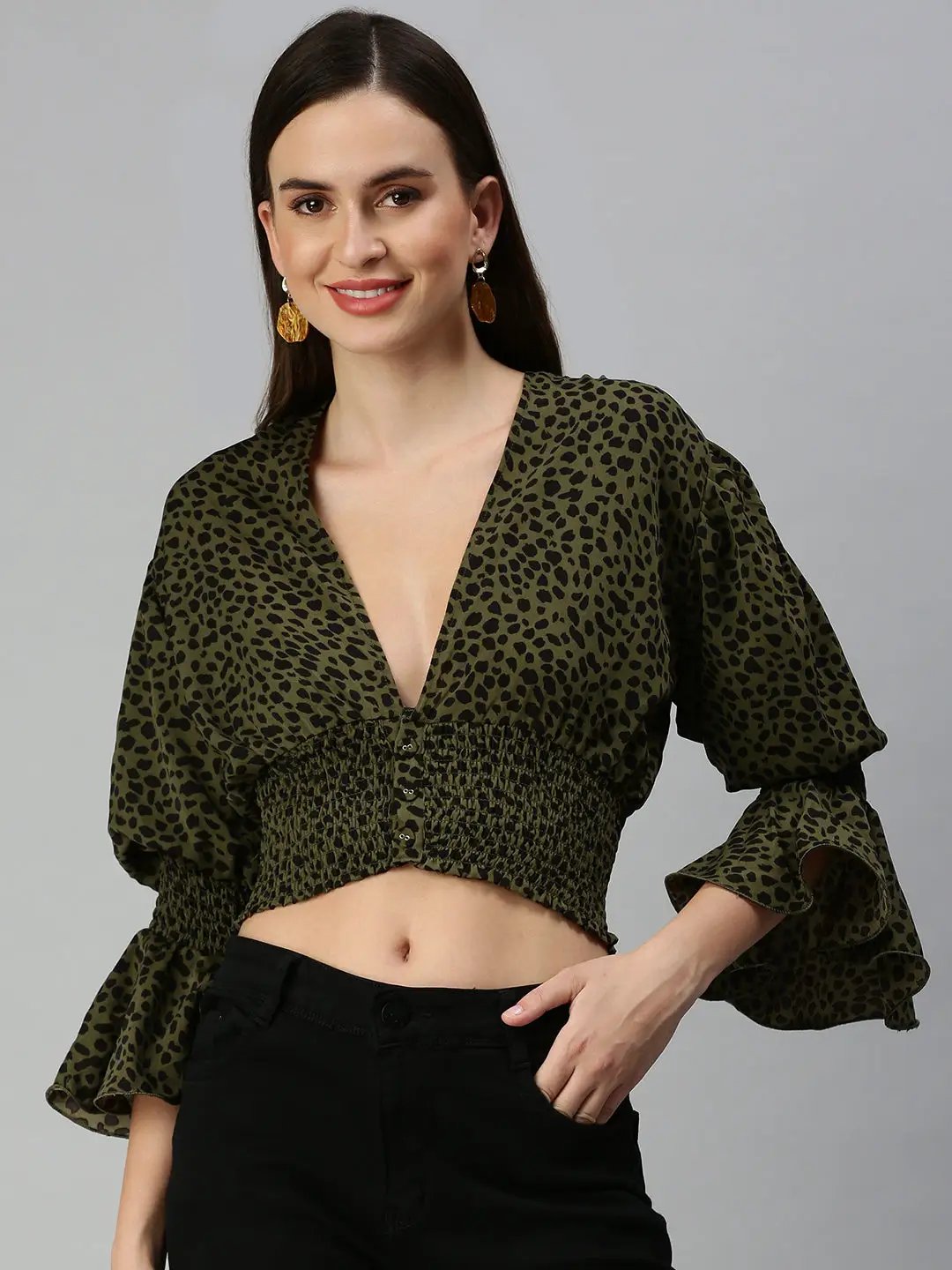 Women's Olive Animal Print Crepe Blouson Crop Top