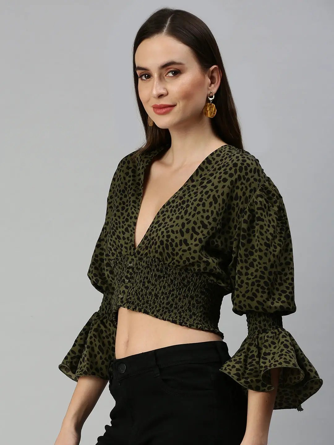 Women's Olive Animal Print Crepe Blouson Crop Top