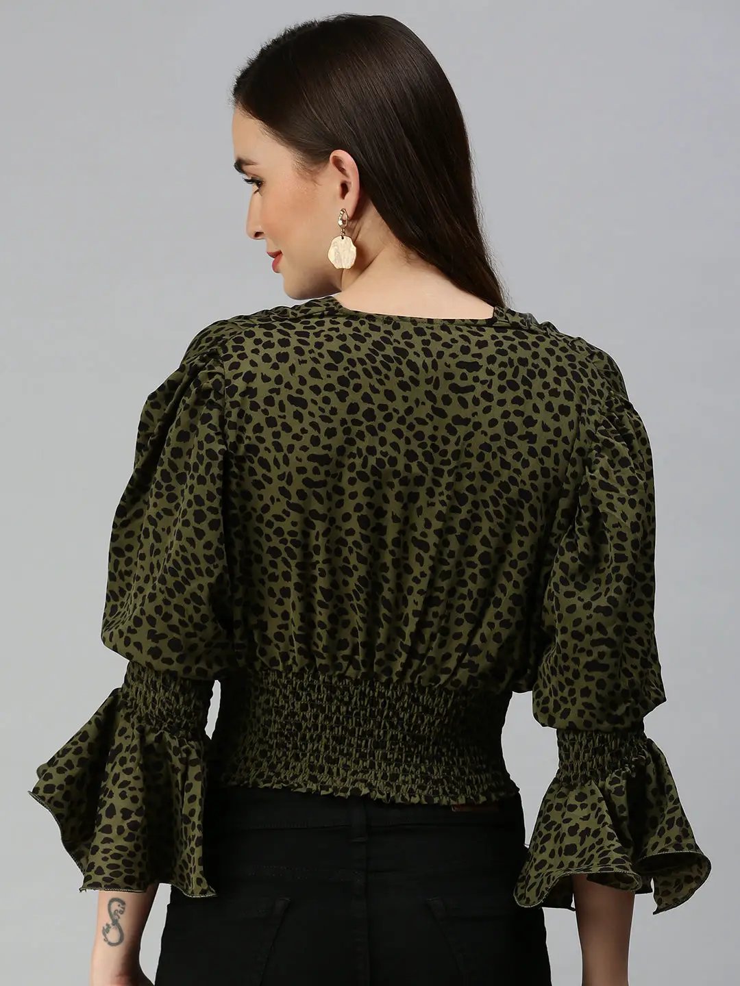 Women's Olive Animal Print Crepe Blouson Crop Top