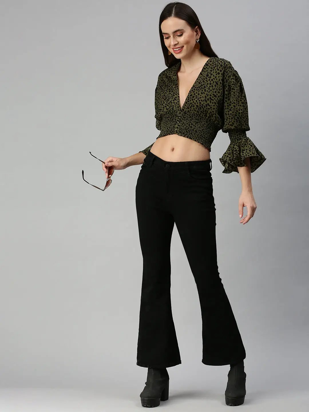 Women's Olive Animal Print Crepe Blouson Crop Top