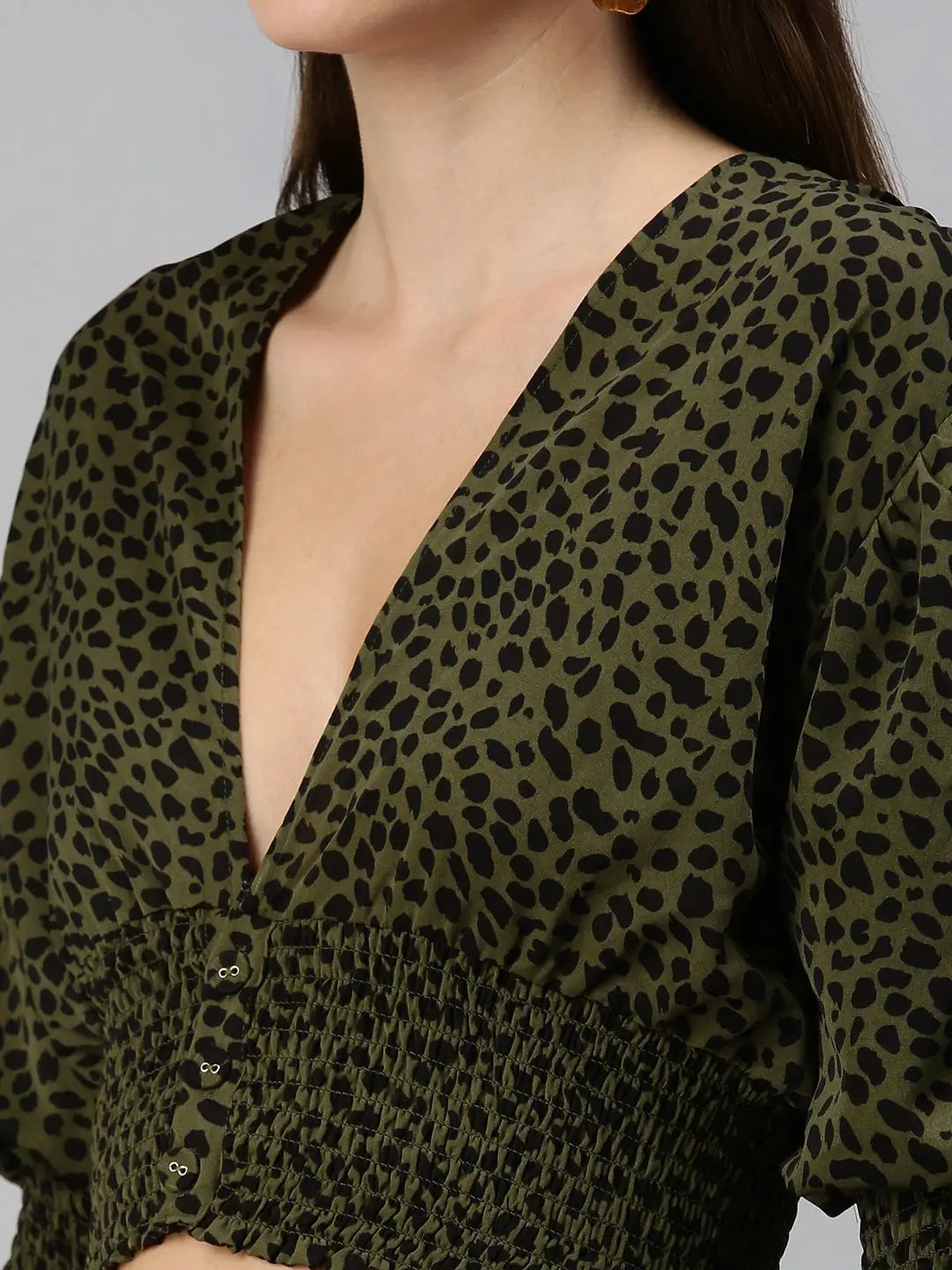 Women's Olive Animal Print Crepe Blouson Crop Top
