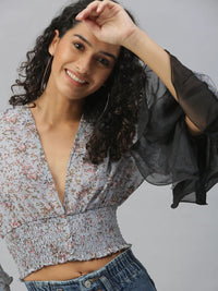 Women's Grey Floral Print Georgette Smocked Cinched Waist Crop Top