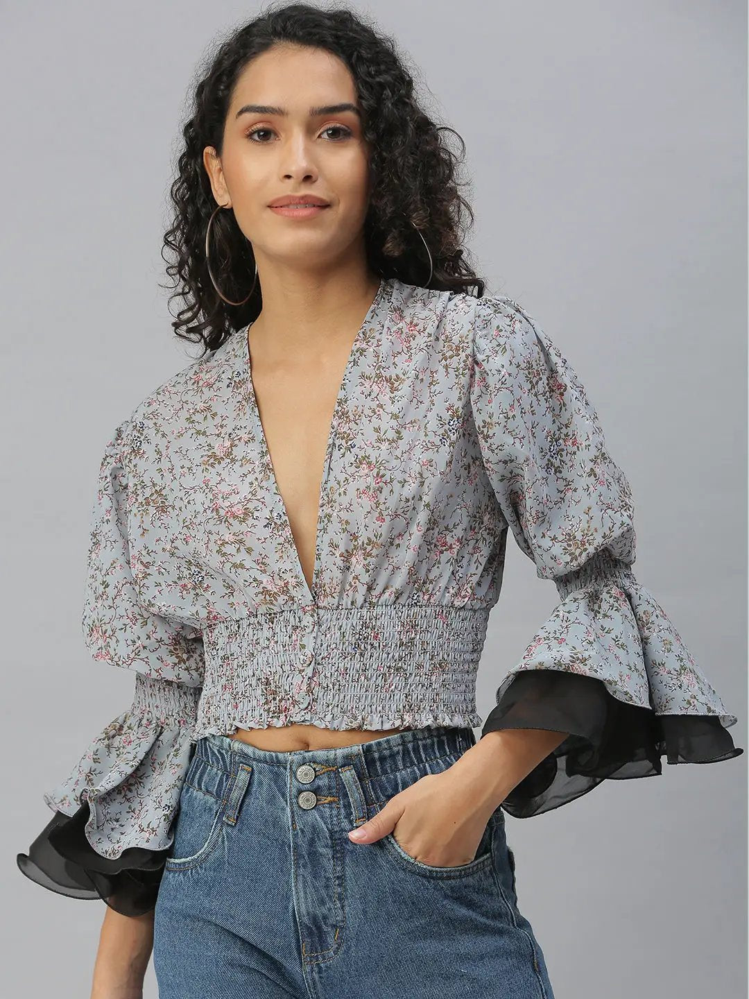 Women's Grey Floral Print Georgette Smocked Cinched Waist Crop Top