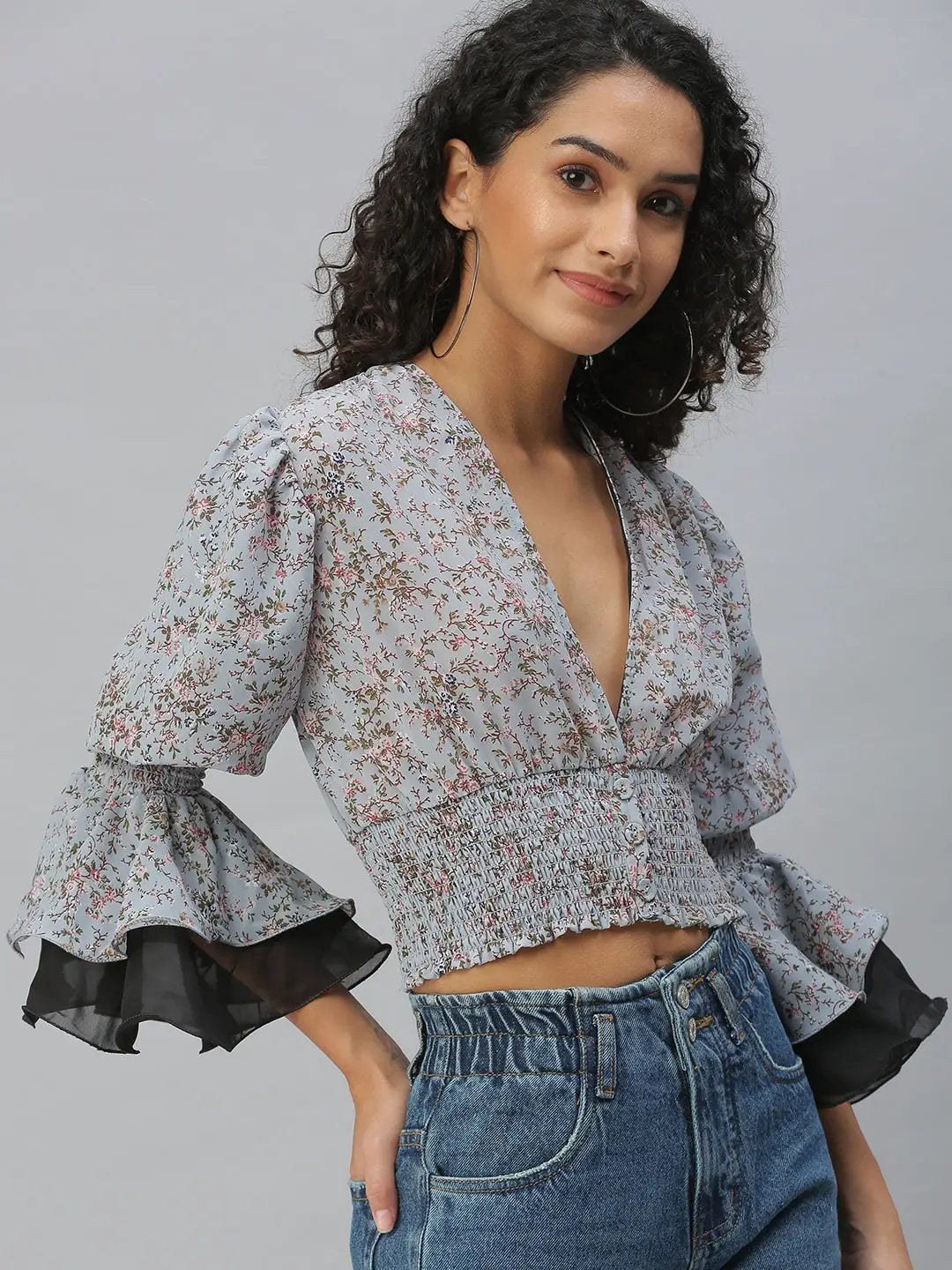 Women's Grey Floral Print Georgette Smocked Cinched Waist Crop Top