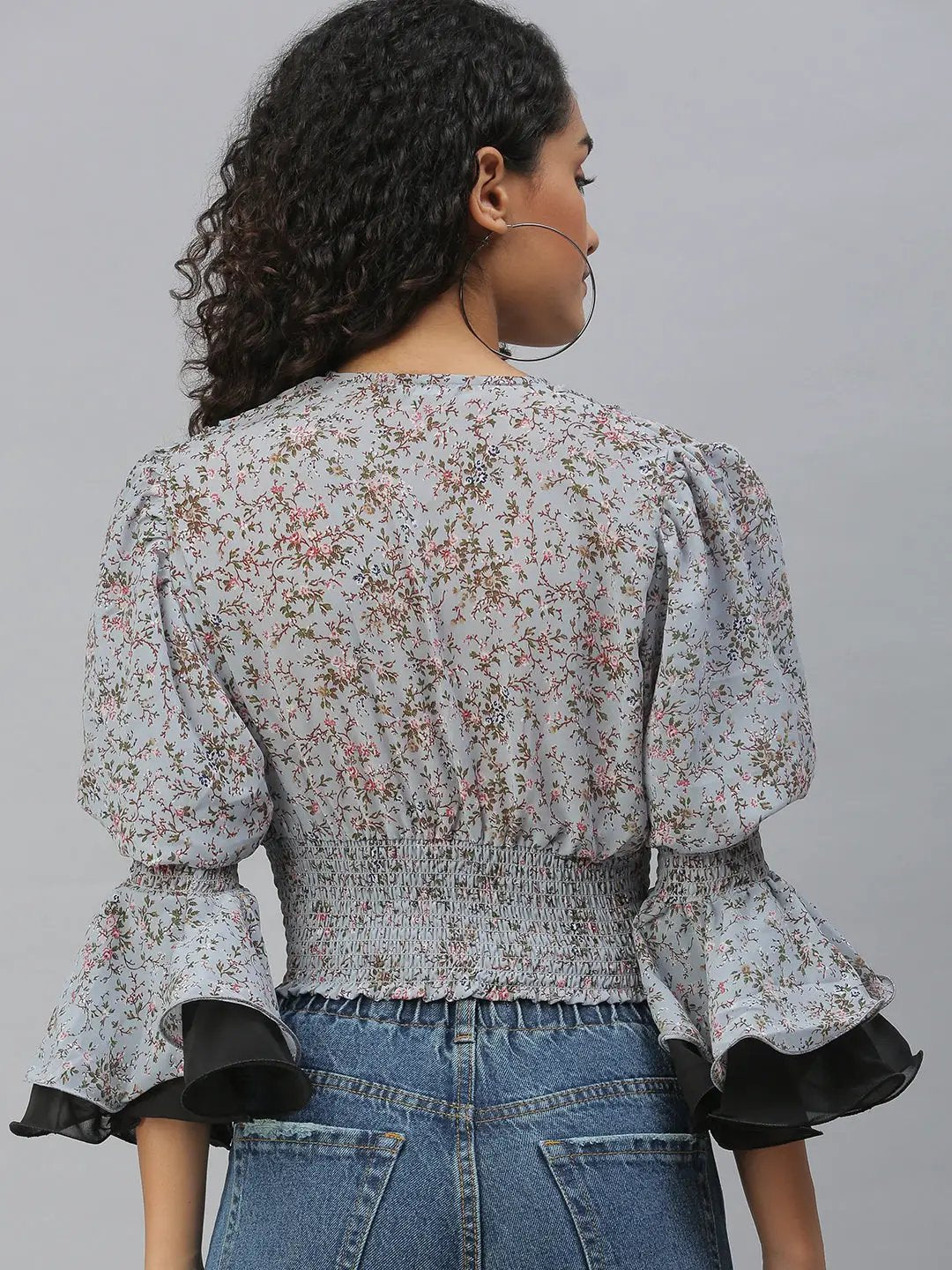 Women's Grey Floral Print Georgette Smocked Cinched Waist Crop Top