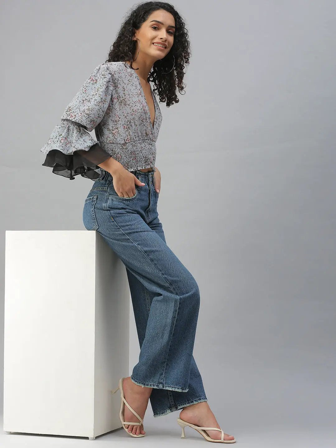 Women's Grey Floral Print Georgette Smocked Cinched Waist Crop Top