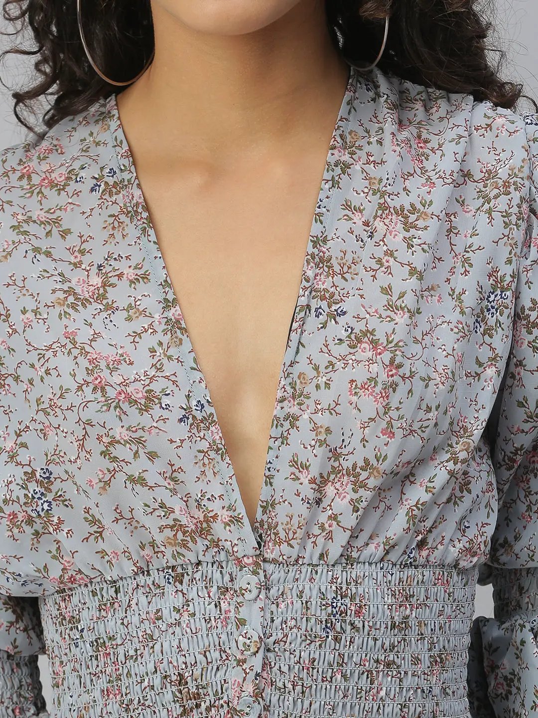 Women's Grey Floral Print Georgette Smocked Cinched Waist Crop Top