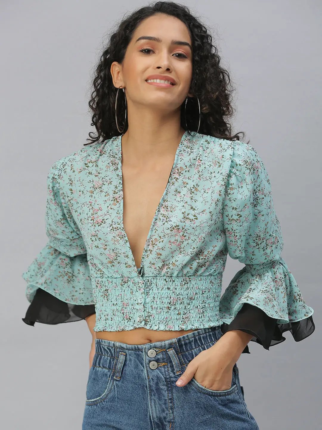 Women's Turquoise Blue Floral Printed Puff Sleeve Cinched Waist Top