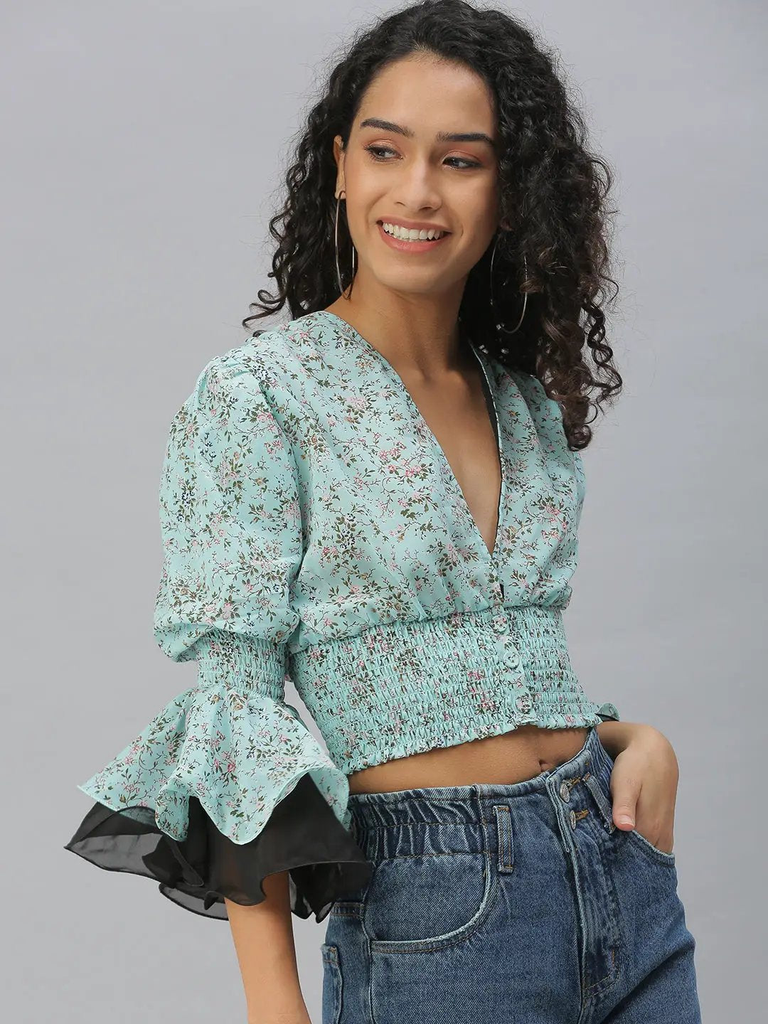 Women's Turquoise Blue Floral Printed Puff Sleeve Cinched Waist Top